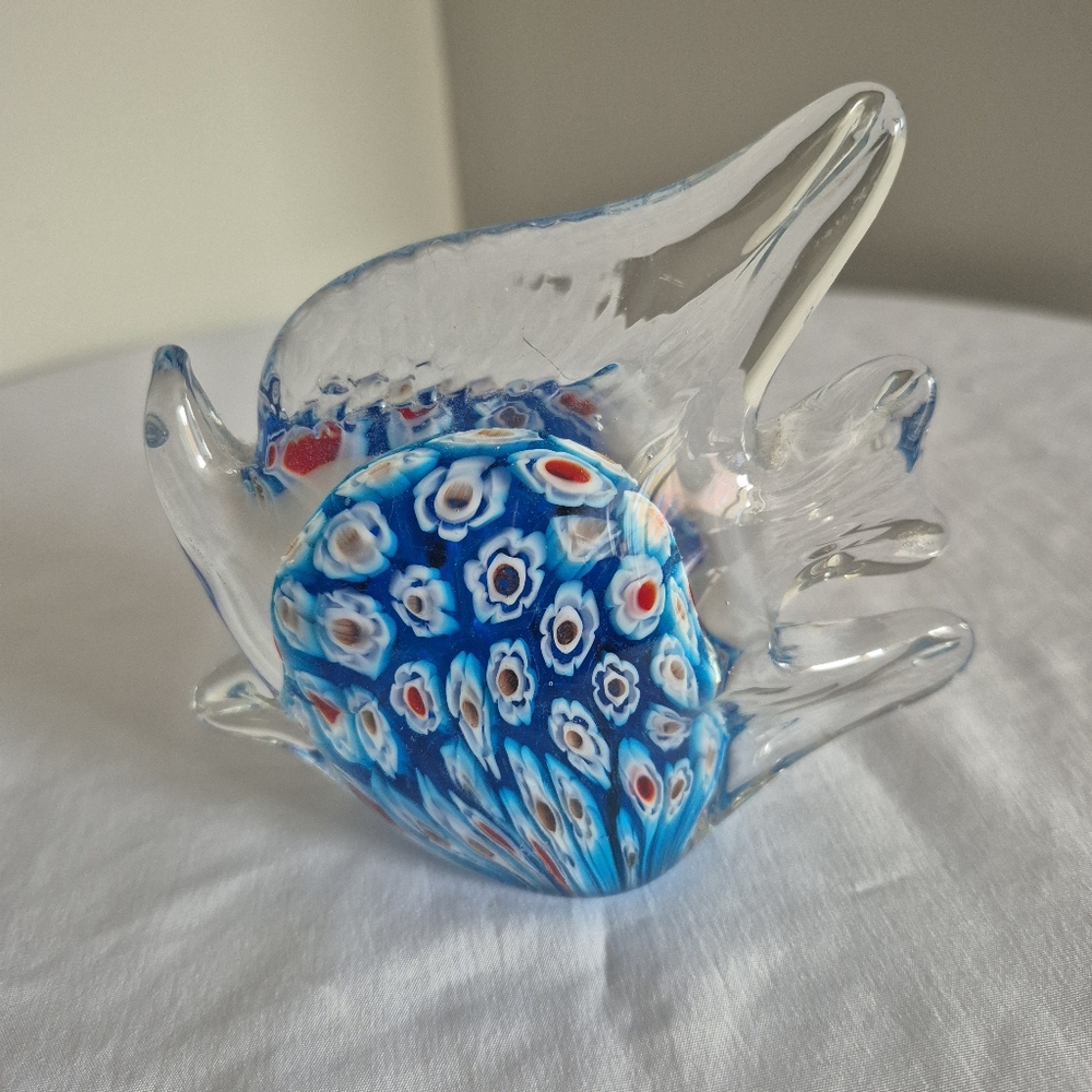 Murano Millefiori Blue Glass Angelfish Paper Weight Collectable